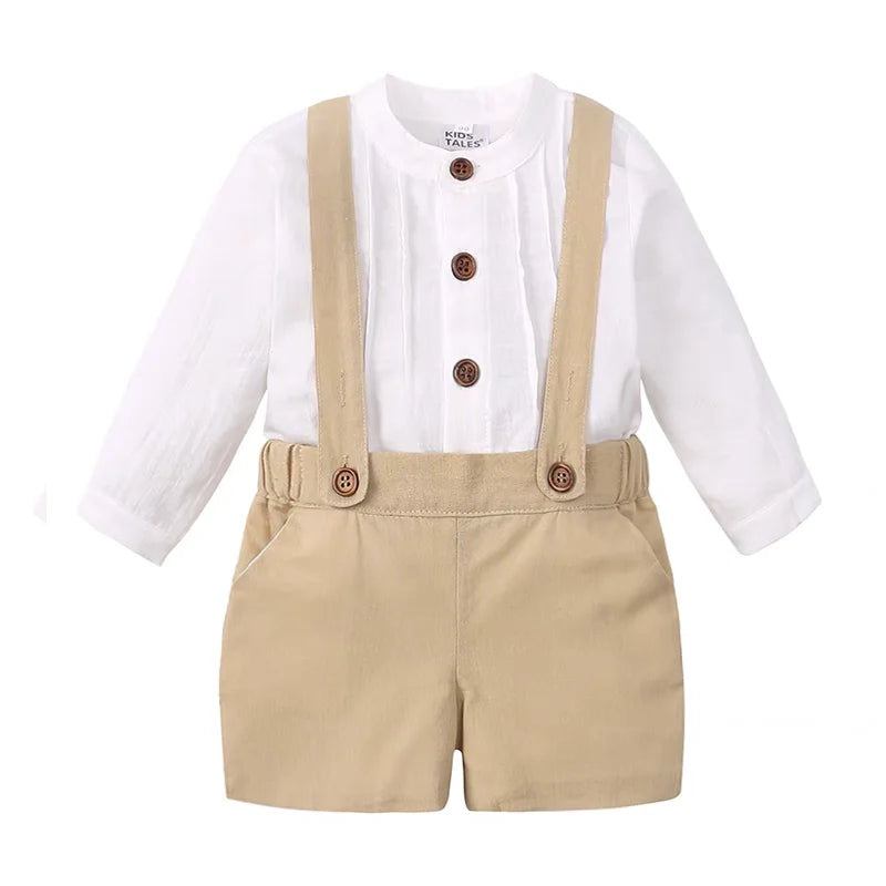 Boy Outfits Cotton Linen T-shirt & Shorts with white long sleeve shirt and beige suspenders shorts