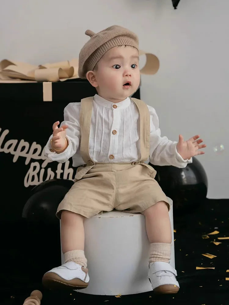 Toddler boy wearing Boy Outfits Cotton Linen T-shirt & Shorts with suspenders and beige beret hat