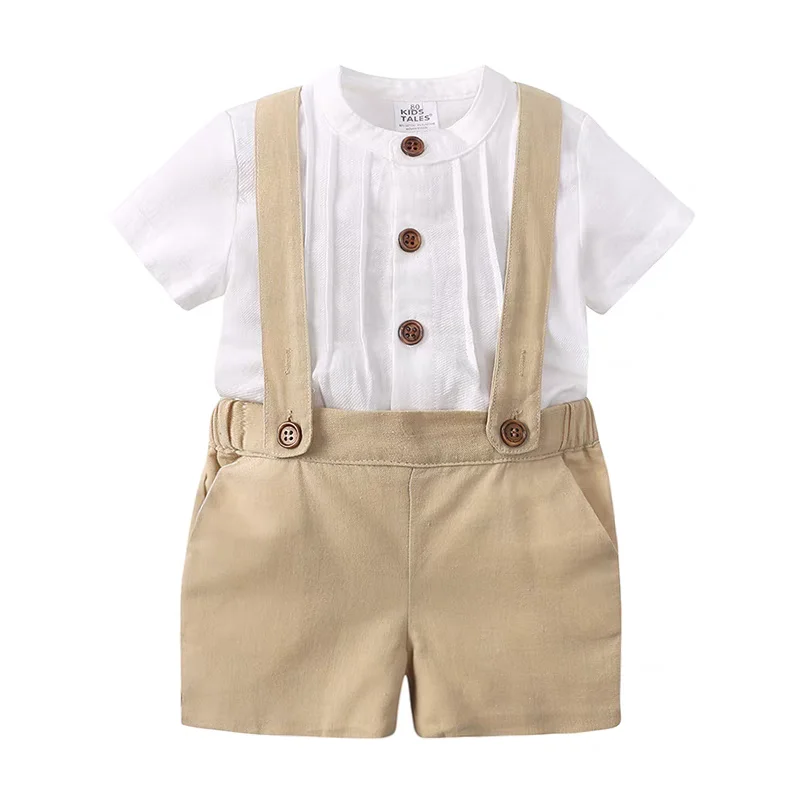 Boy Outfits Cotton Linen T-shirt & Shorts set with white shirt and beige suspender shorts