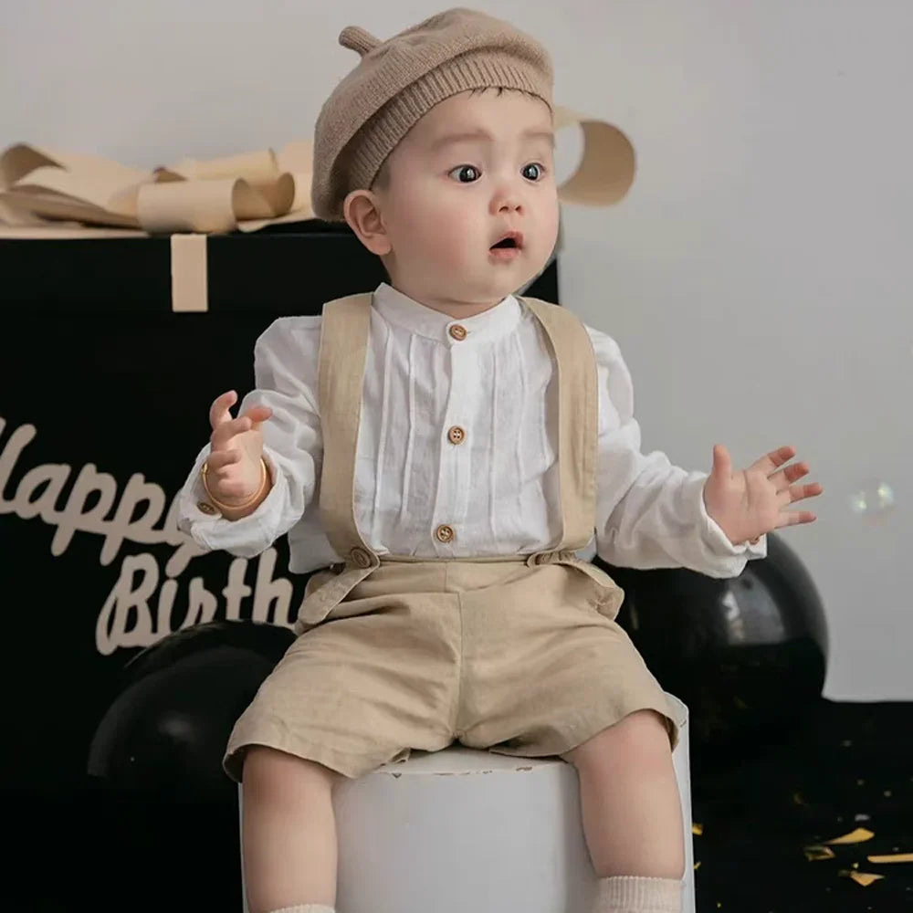 Toddler wearing Boy Outfits Cotton Linen T-shirt & Shorts with suspenders and a beige beret hat