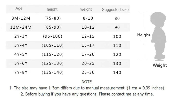 Size chart for Boy Outfits Cotton Linen T-shirt and Shorts showing age, height, weight, and suggested size