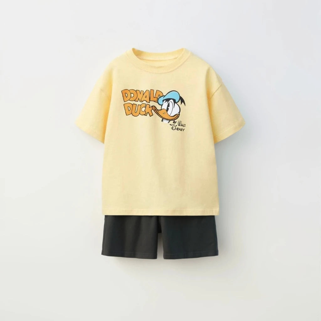 Kids Fashion Sets Casual Clothes Printed Tops Solid Color Shorts Two Piece with yellow Donald Duck print top and black shorts