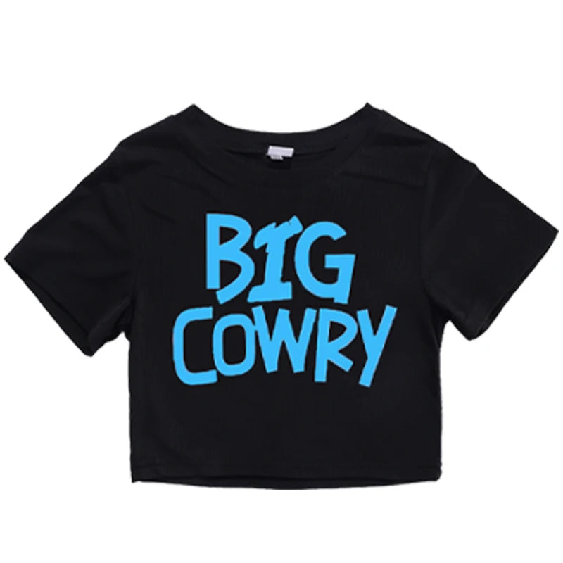 Black crop top with blue Big Cowry text Korean Fashion Kids Hip Hop Jazz Dance Costume Set Teens Girl Streetwear Outfit