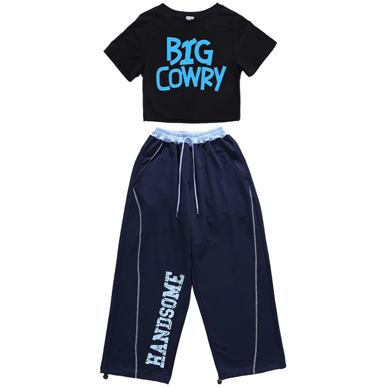Korean Fashion Kids Hip Hop Jazz Dance Costume Set Teens Girl Streetwear Outfit with black crop top and navy wide-leg pants