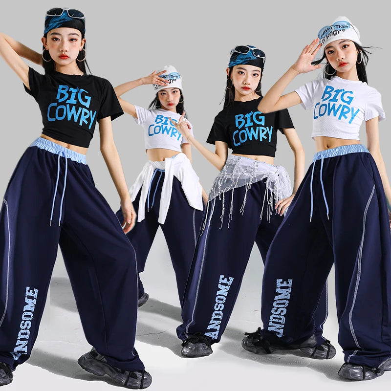 Korean Fashion Kids Hip Hop Jazz Dance Costume Set Teens Girl Streetwear Outfit with black and white crop tops and baggy navy pants
