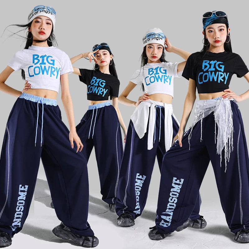 Korean Fashion Kids Hip Hop Jazz Dance Costume Set Teens Girl Streetwear Outfit with black and white crop tops and navy wide-leg pants
