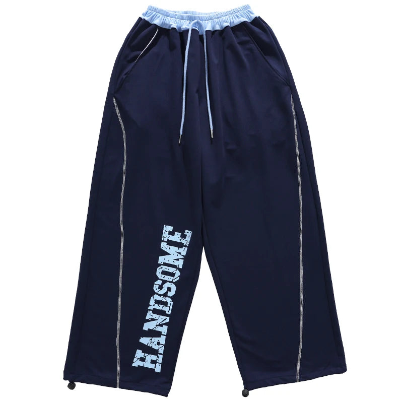 Korean Fashion Kids Hip Hop Jazz Dance Costume Set Teens Girl Streetwear Outfit navy blue wide pants with light blue waistband and Handsome print