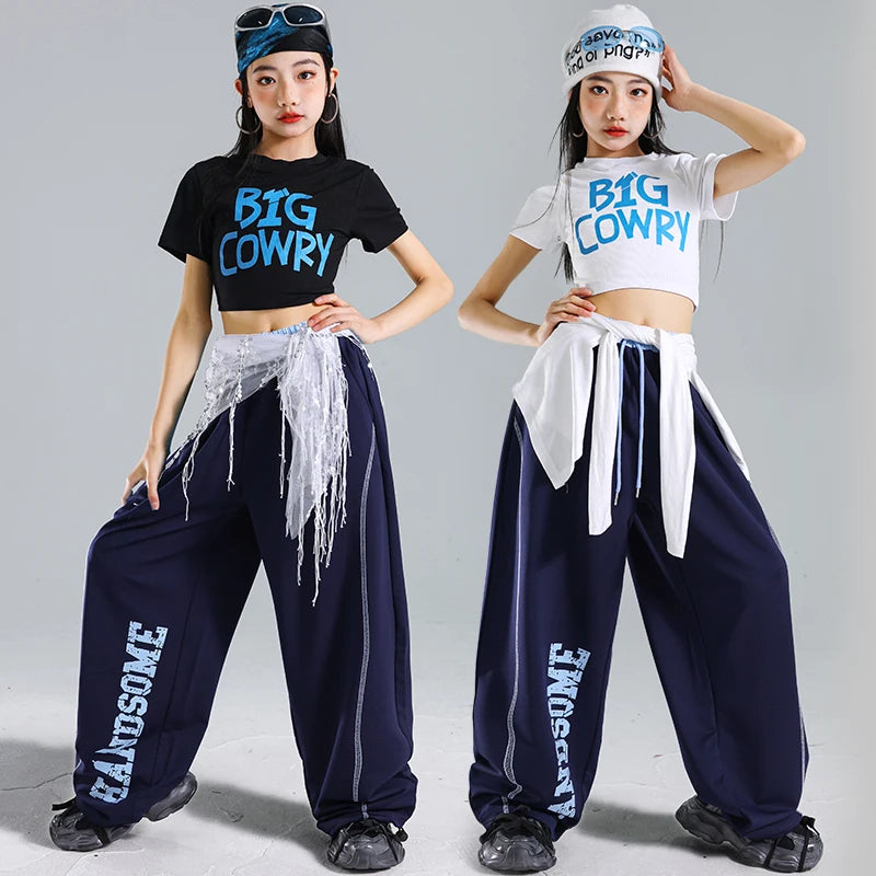 Korean Fashion Kids Hip Hop Jazz Dance Costume Set Teens Girl Streetwear Outfit black and white crop tops with navy pants