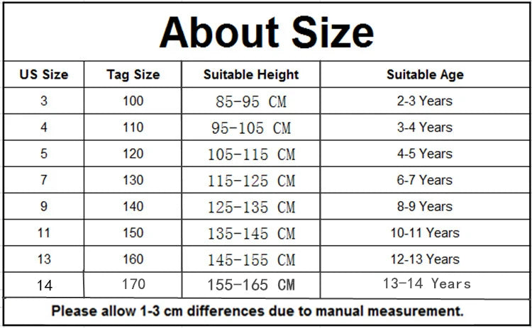Size chart for Korean Fashion Kids Hip Hop Jazz Dance Costume Set Teens Girl Streetwear Outfit by Yamza Tots Closet