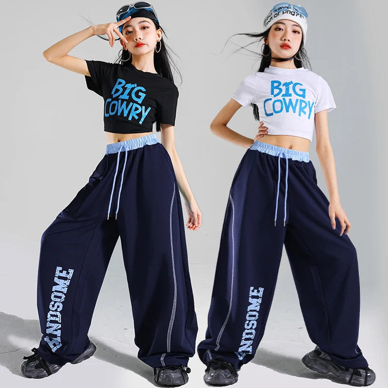 Korean Fashion Kids Hip Hop Jazz Dance Costume Set Teens Girl Streetwear Outfit black and white crop tops with navy blue wide pants