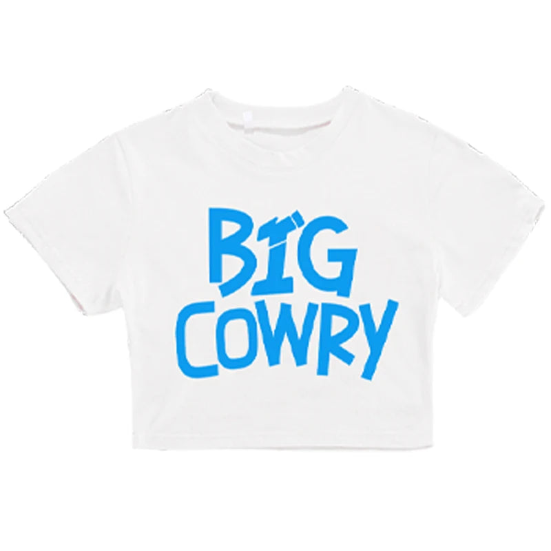 White cropped t-shirt with blue Big Cowry text Korean Fashion Kids Hip Hop Jazz Dance Costume Set Teens Girl Streetwear Outfit