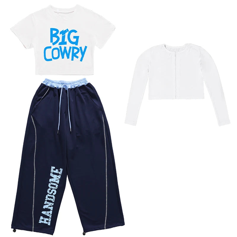 Korean Fashion Kids Hip Hop Jazz Dance Costume Set Teens Girl Streetwear Outfit with white crop top and navy wide pants