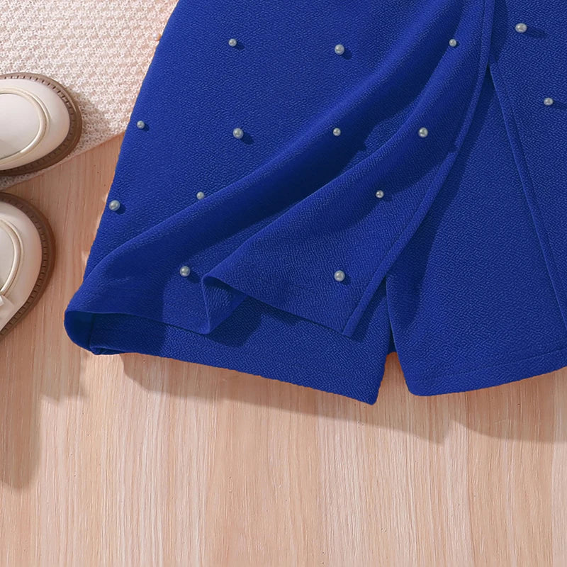Korean Fashion Summer Outfits Kids Girls White Short Sleeve Top Yellow Shorts close-up showing blue shorts with pearl details