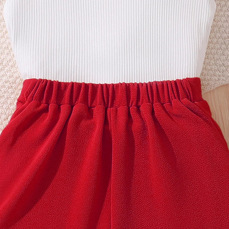 Korean Fashion Summer Outfits Kids Girls White Short Sleeve Top Yellow Shorts close-up of red elastic waist shorts