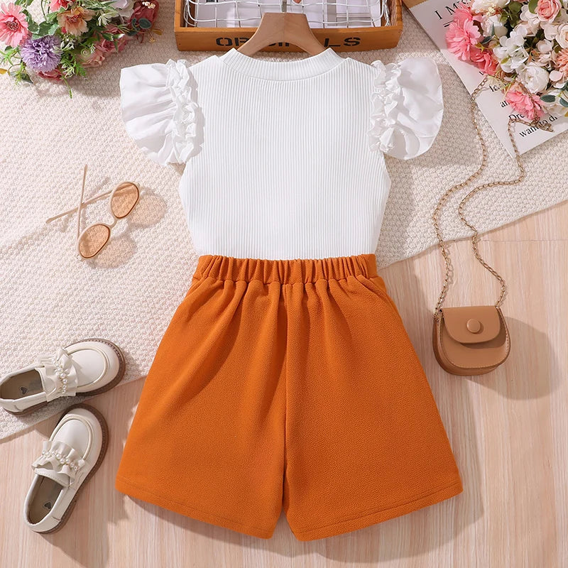 Korean Fashion Summer Outfits Kids Girls White Short Sleeve Top Yellow Shorts set with accessories