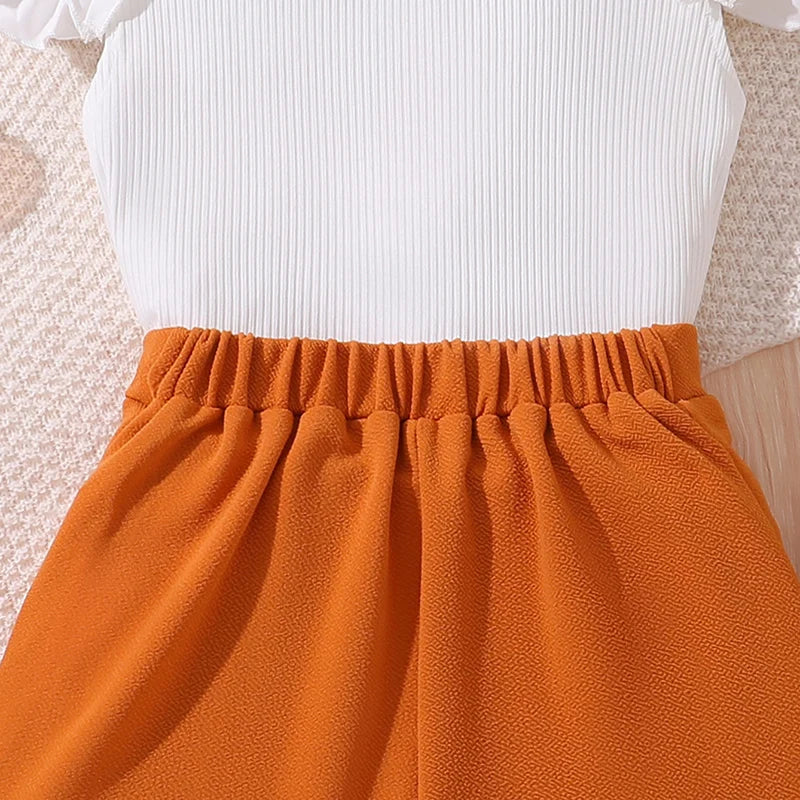 Korean Fashion Summer Outfits Kids Girls White Short Sleeve Top Yellow Shorts soft fabric close-up