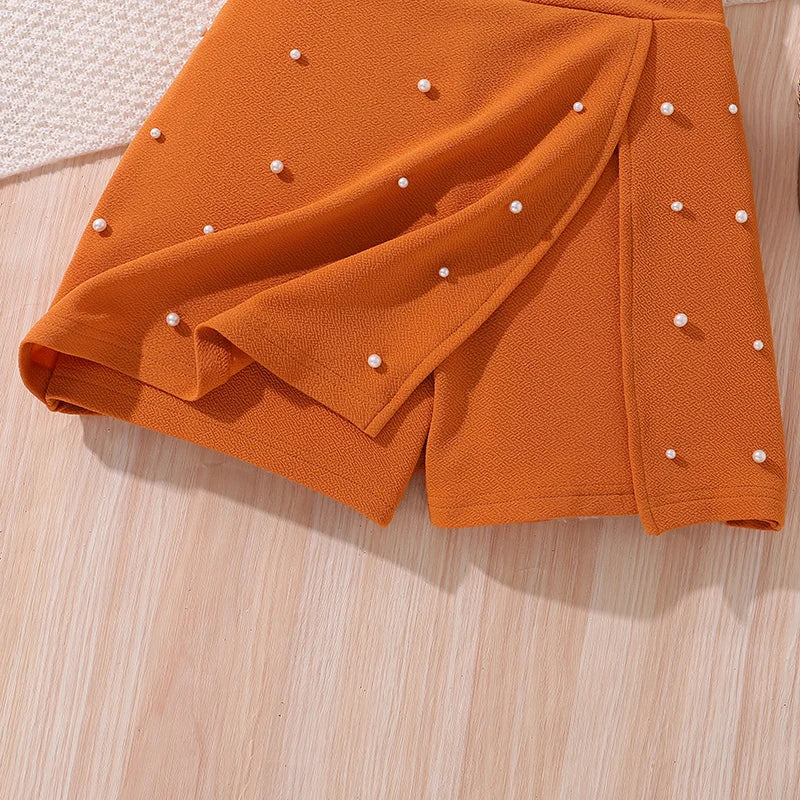 Korean Fashion Summer Outfits Kids Girls White Short Sleeve Top Yellow Shorts with pearl embellishments on yellow shorts