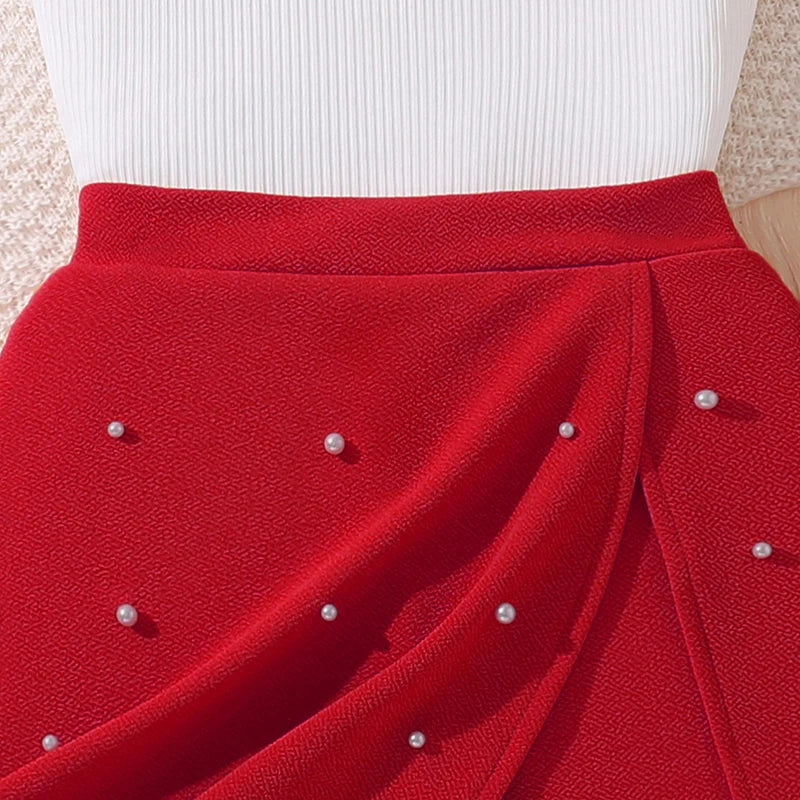 Korean Fashion Summer Outfits Kids Girls White Short Sleeve Top Yellow Shorts on red skirt with pearl details