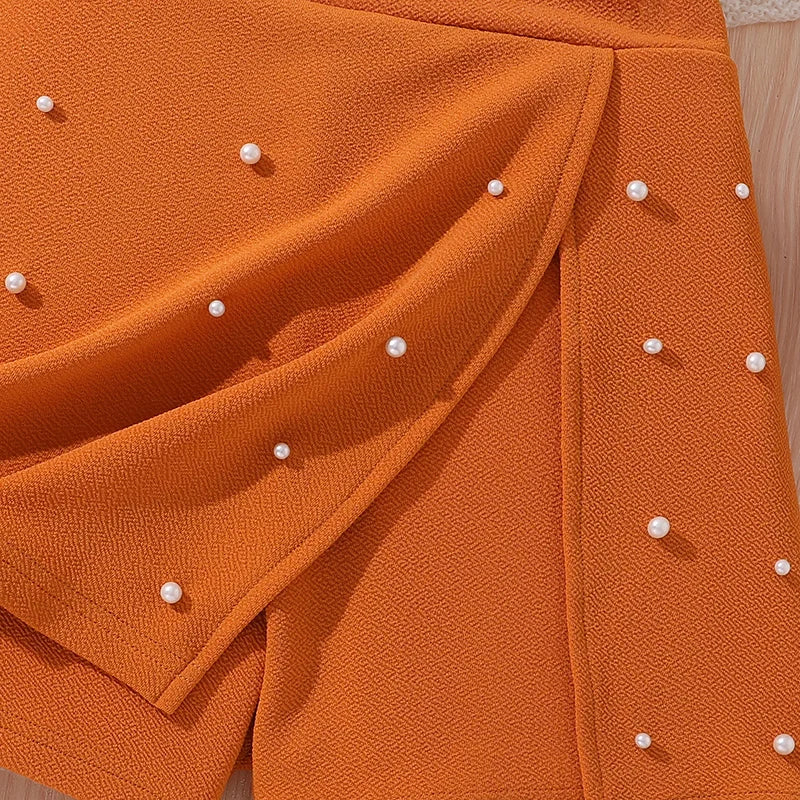 Korean Fashion Summer Outfits Kids Girls White Short Sleeve Top Yellow Shorts with orange textured pearl-embellished skirt detail