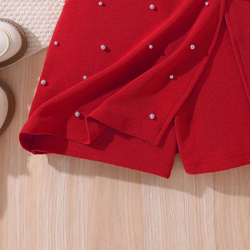Korean Fashion Summer Outfits Kids Girls White Short Sleeve Top Yellow Shorts with red textured fabric and pearl embellishments
