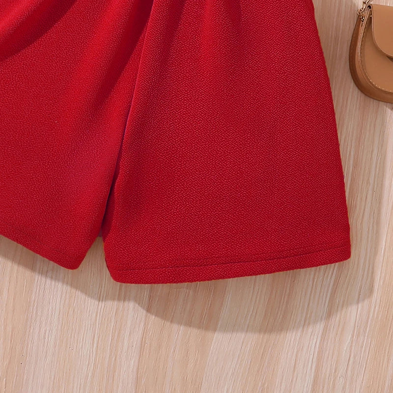Close-up of red textured shorts from Korean Fashion Summer Outfits Kids Girls White Short Sleeve Top Yellow Shorts