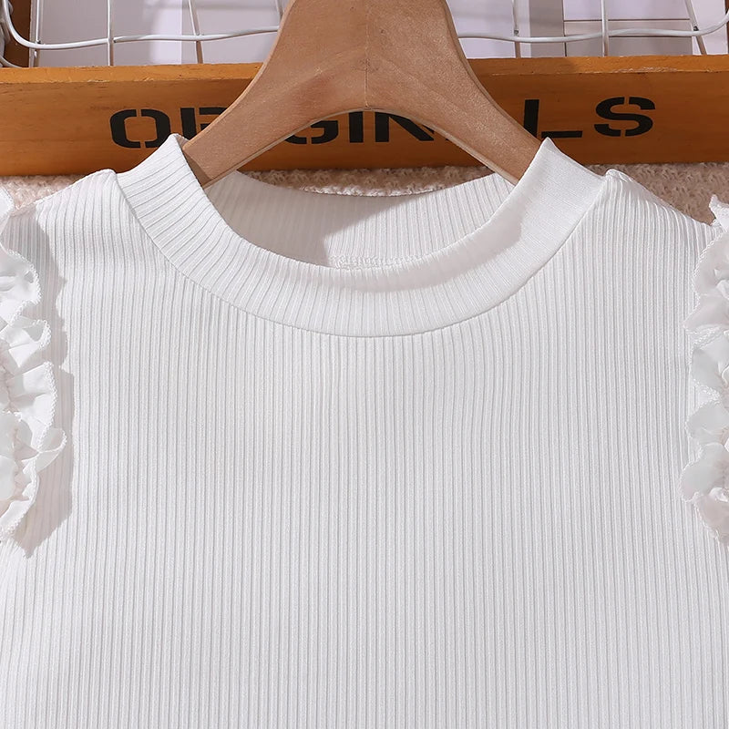 Korean Fashion Summer Outfits Kids Girls White Short Sleeve Top Yellow Shorts white ribbed short sleeve top with ruffle detail on hanger