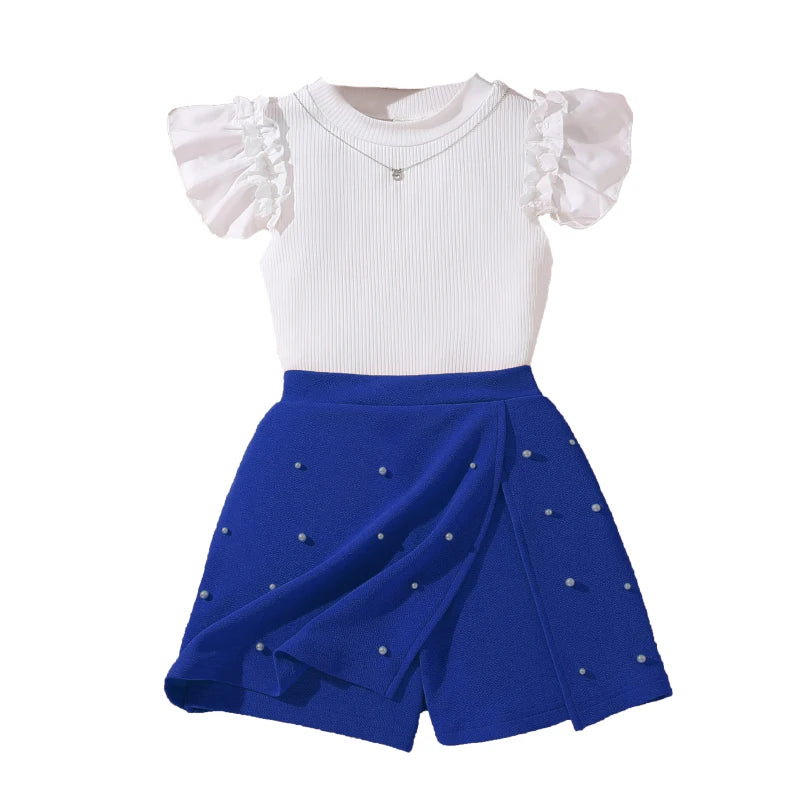 Korean Fashion Summer Outfits Kids Girls White Short Sleeve Top Yellow Shorts styled outfit