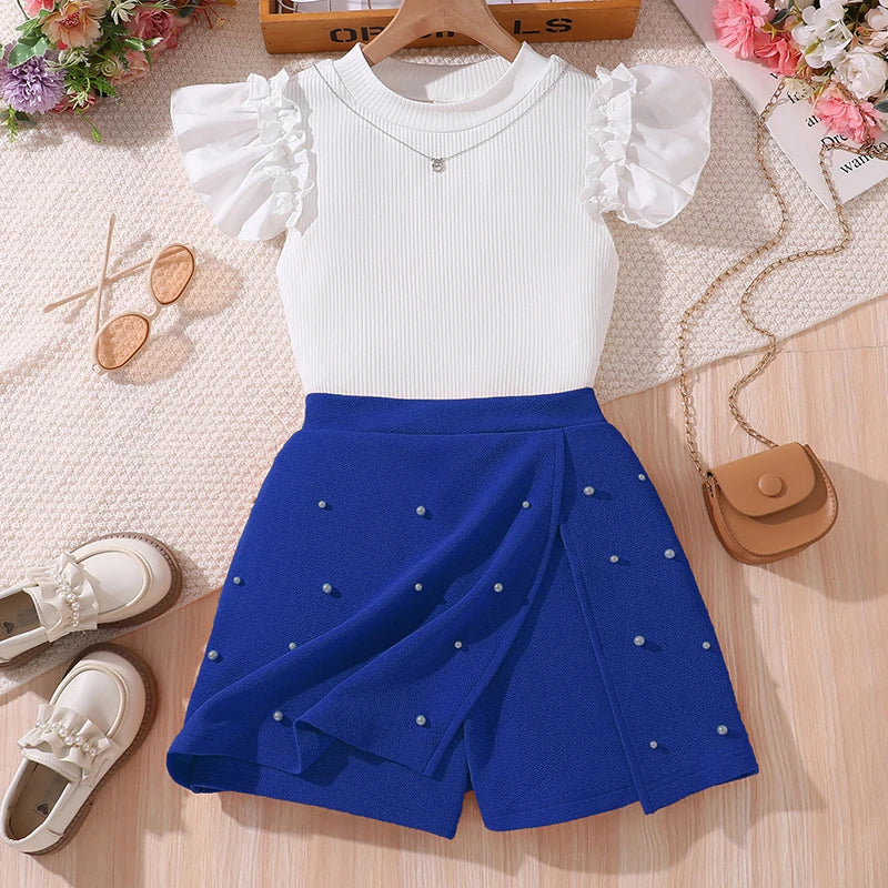 Korean Fashion Summer Outfits Kids Girls White Short Sleeve Top Yellow Shorts styled with accessories