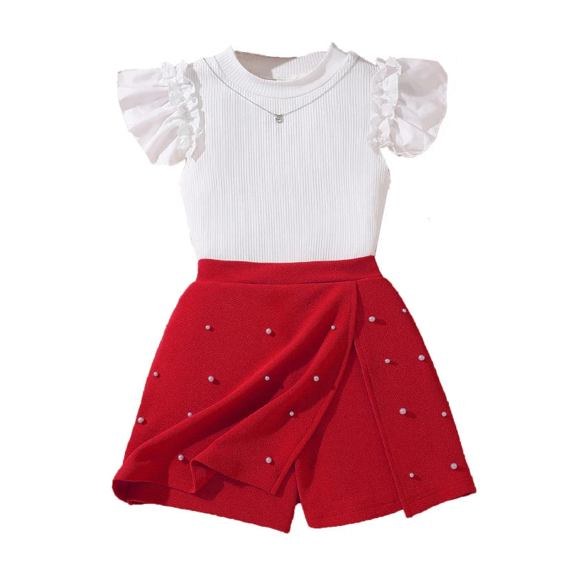 Korean Fashion Summer Outfits Kids Girls White Short Sleeve Top Yellow Shorts outfit alternative in red skirt with pearl details