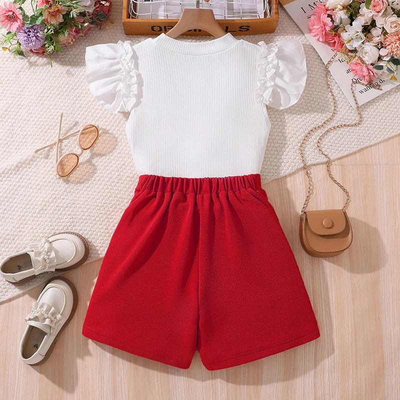 Korean Fashion Summer Outfits Kids Girls White Short Sleeve Top Yellow Shorts styled with white shoes and accessories