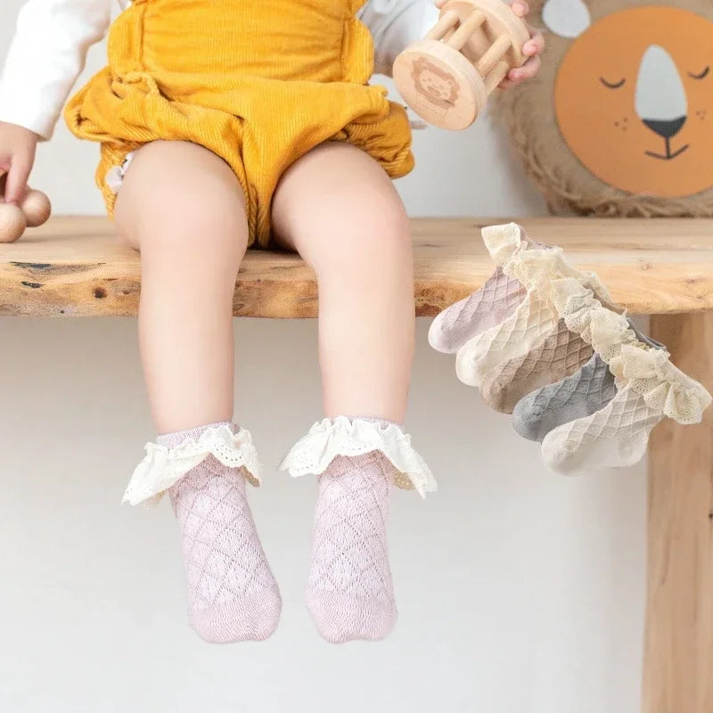Korean Kids Soft Floral Princess Socks Baby Long Casual Toddler Socks in pastel colors with lace frills 