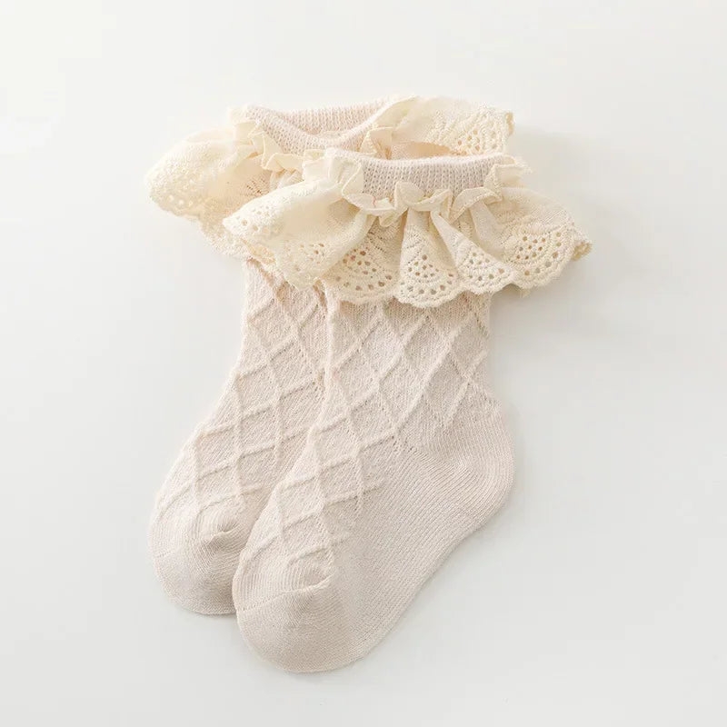 Korean Kids Soft Floral Princess Socks Baby Long Casual Toddler Socks in cream with lace ruffle trim