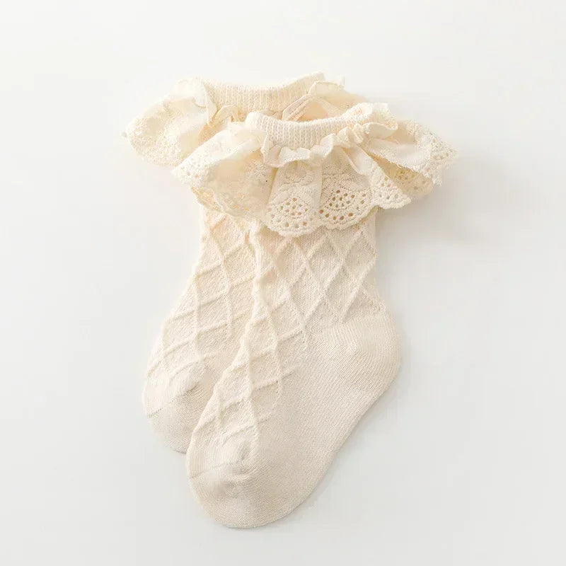 Korean Kids Soft Floral Princess Socks Baby Long Casual Toddler Socks cream color with lace frills