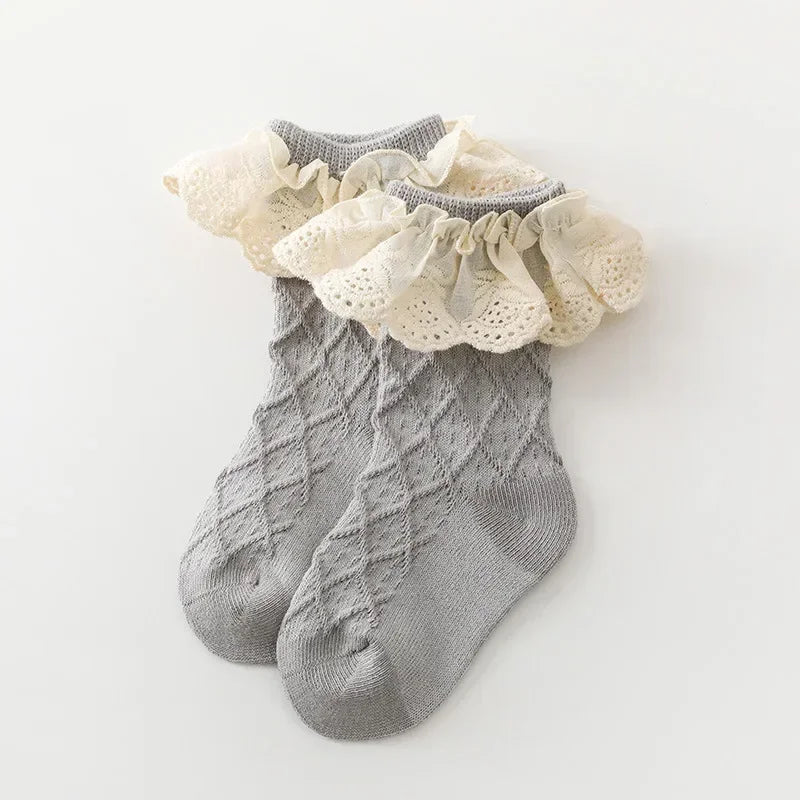 Gray Korean Kids Soft Floral Princess Socks Baby Long Casual Toddler Socks with lace frill