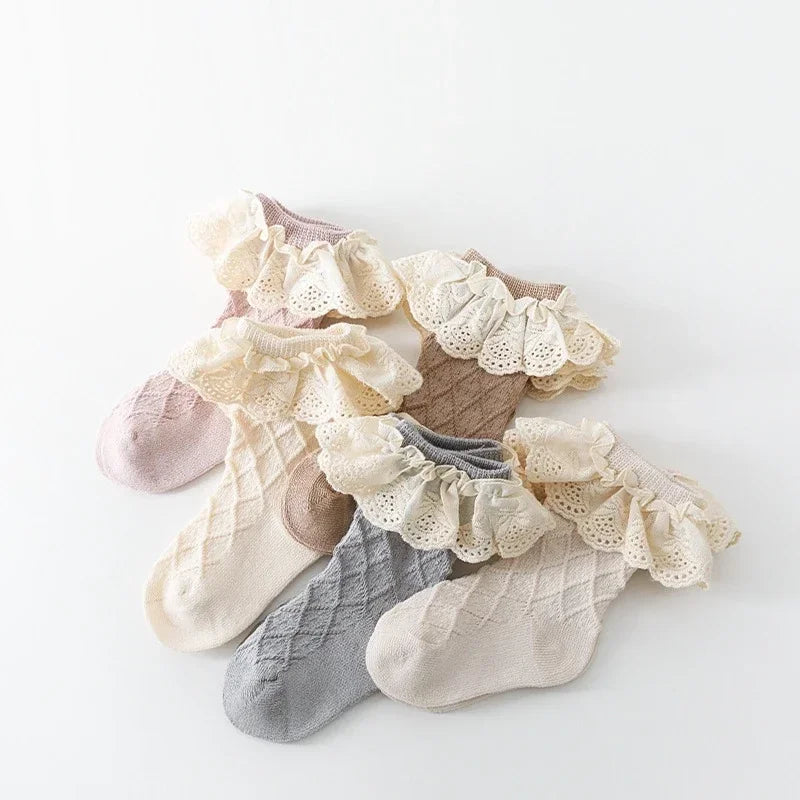 Korean Kids Soft Floral Princess Socks Baby Long Casual Toddler Socks in assorted pastel colors with lace ruffle trim