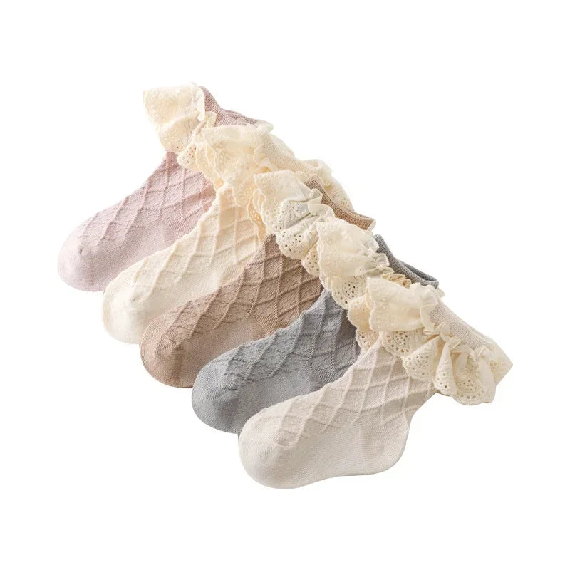 Korean Kids Soft Floral Princess Socks Baby Long Casual Toddler Socks in pastel colors with lace ruffle trim  