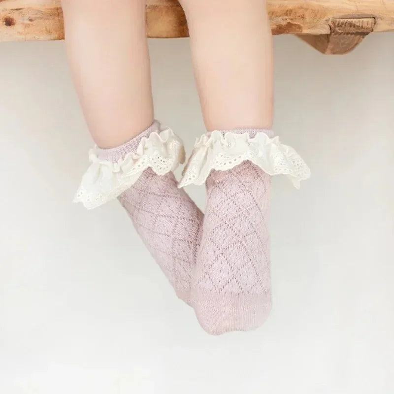 Korean Kids Soft Floral Princess Socks Baby Long Casual Toddler Socks in light pink with lace ruffle trim