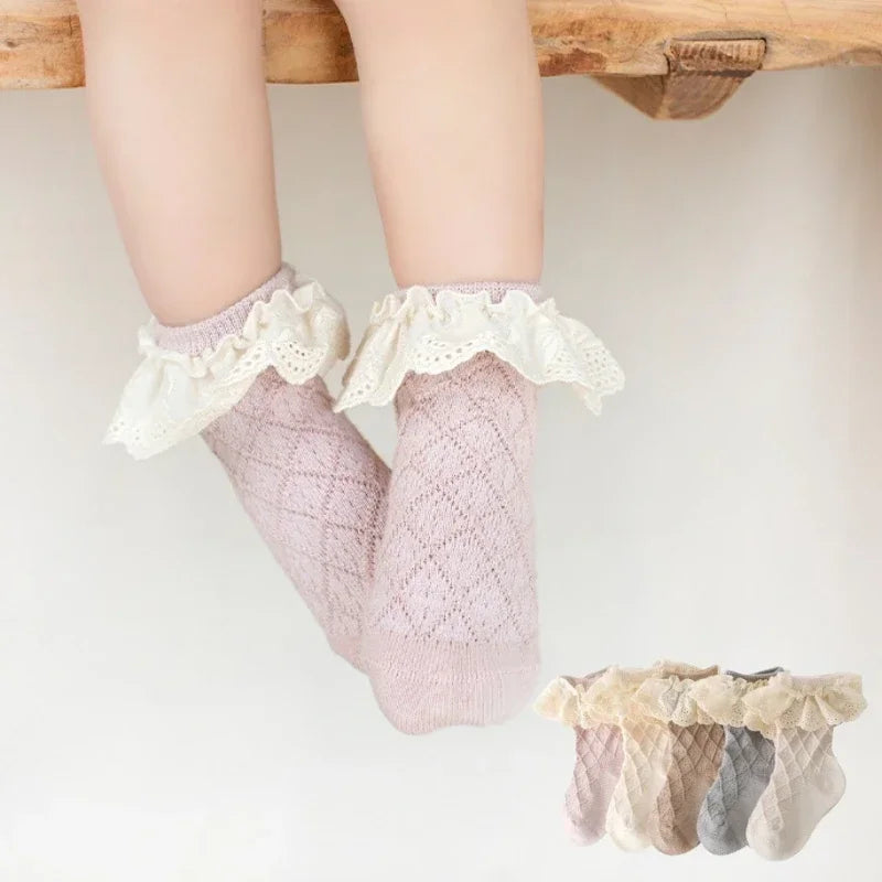 Korean Kids Soft Floral Princess Socks Baby Long Casual Toddler Socks with lace trim in pastel colors