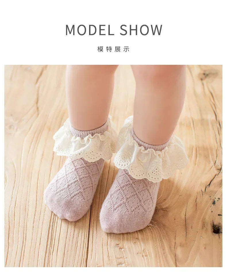 Korean Kids Soft Floral Princess Socks Baby Long Casual Toddler Socks in light pink with lace ruffle detail