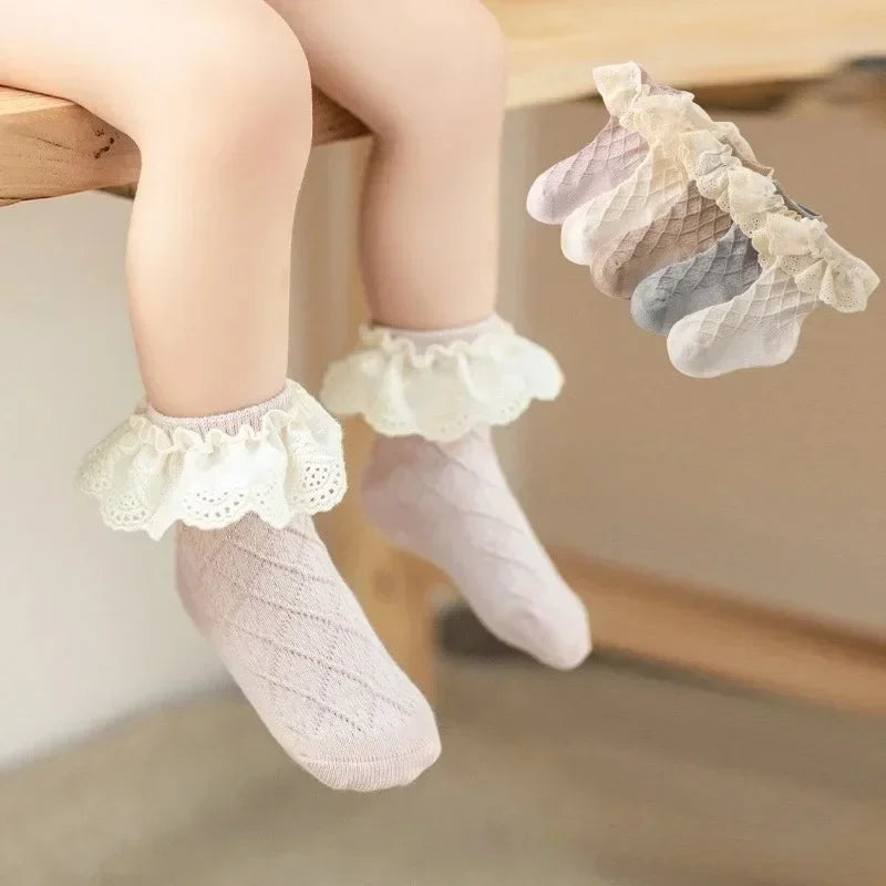 Korean Kids Soft Floral Princess Socks Baby Long Casual Toddler Socks in pastel colors with lace ruffle trim