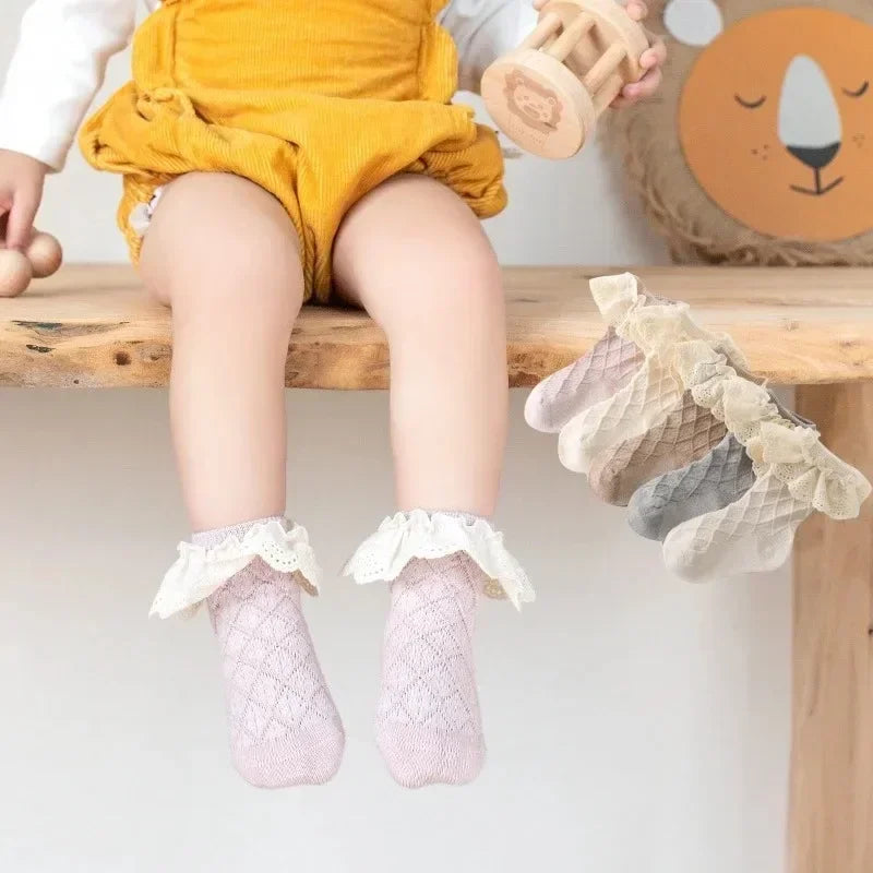 Korean Kids Soft Floral Princess Socks Baby Long Casual Toddler Socks in pastel colors with lace trim on toddler feet