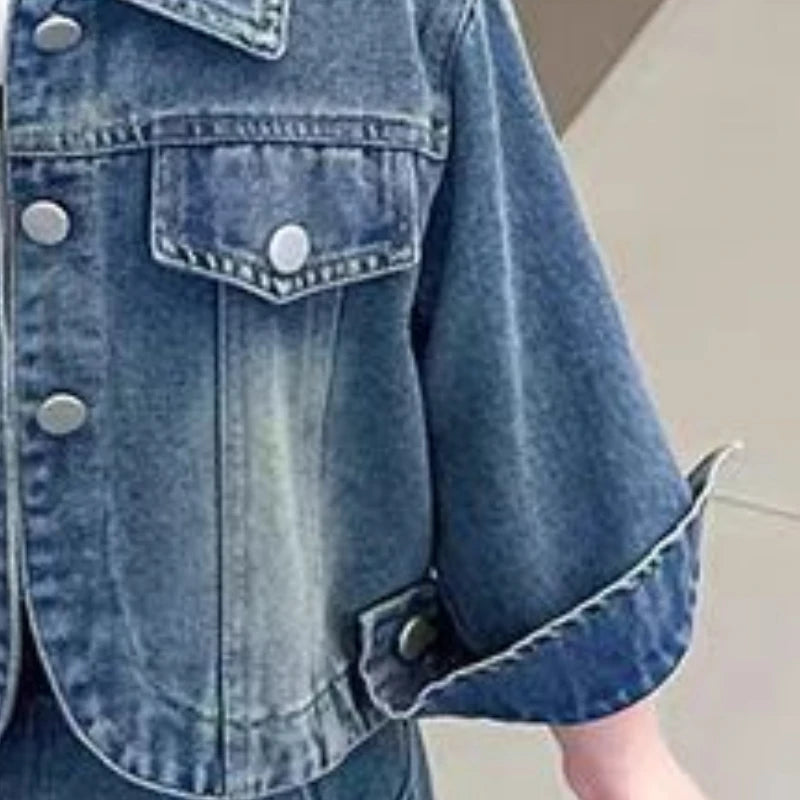 Korean Kids Spring Autumn Clothes Baby Girls Denim Jacket & Pants Casual Set in blue denim with button details