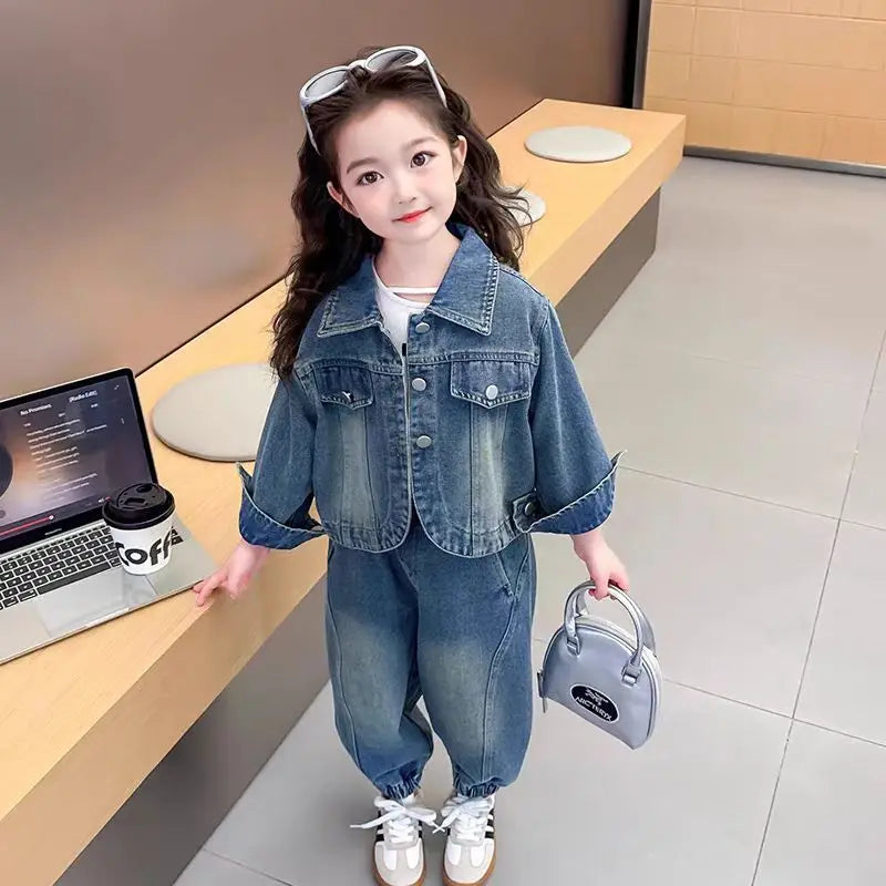 Korean Kids Spring Autumn Clothes Baby Girls Denim Jacket & Pants Casual Set worn by girl holding silver handbag indoors