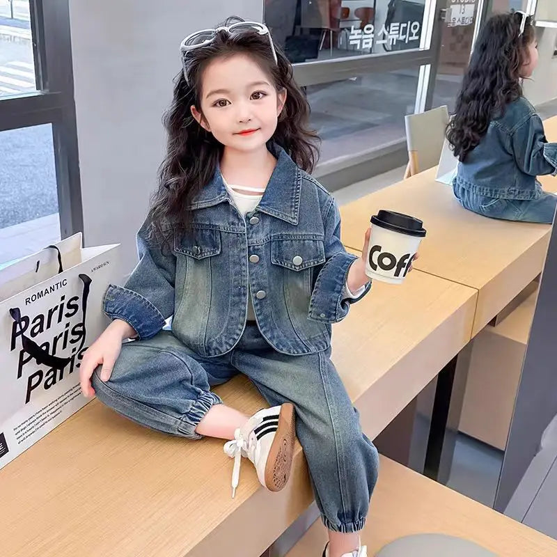 Korean Kids Spring Autumn Clothes Baby Girls Denim Jacket and Pants Casual Set worn by a girl sitting with coffee cup
