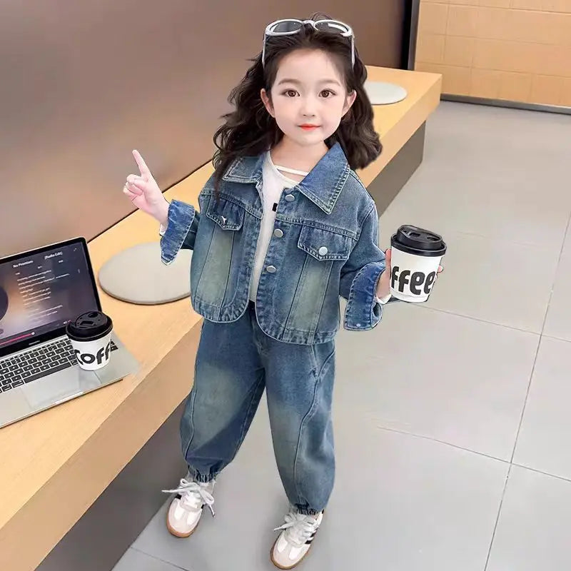 Korean Kids Spring Autumn Clothes Baby Girls Denim Jacket & Pants Casual Set worn by a toddler girl indoors
