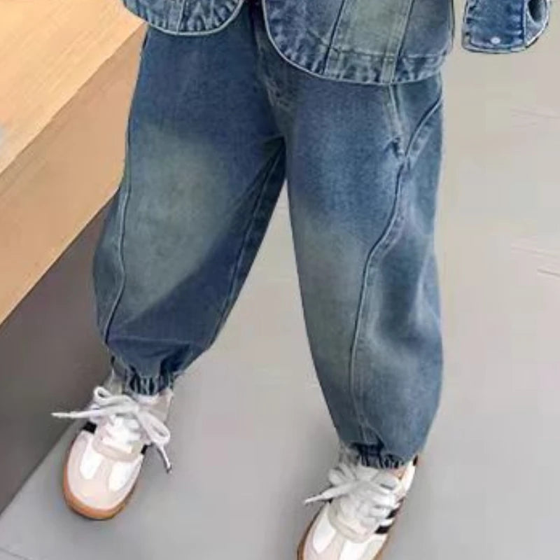 Korean Kids Spring Autumn Clothes Baby Girls Denim Jacket & Pants Casual Set with denim pants and sneakers