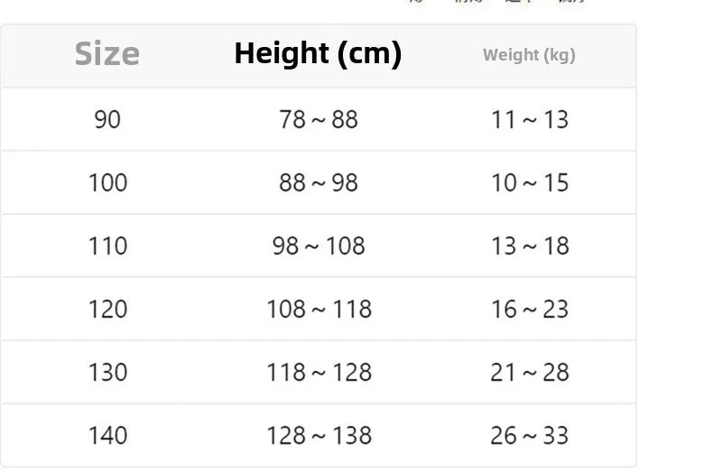 Size chart for Korean Kids Spring Autumn Clothes Baby Girls Denim Jacket & Pants Casual Set with height and weight ranges