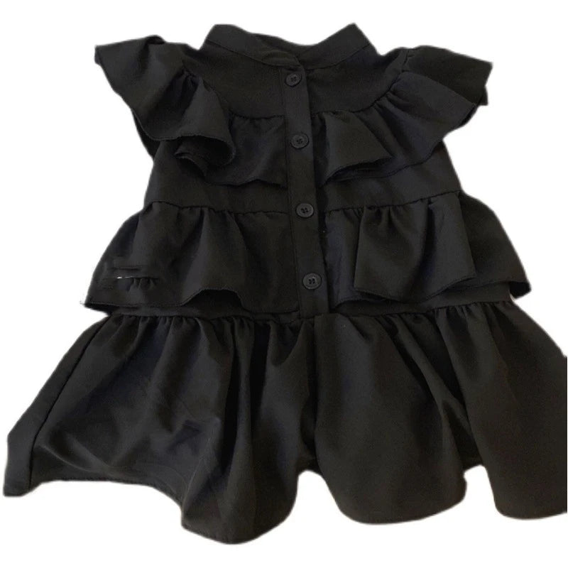 Korean Kids Summer Black Fly Sleeve Layered Dress Girls Fashion Outfit Clothes by Yamza Tots' Closet