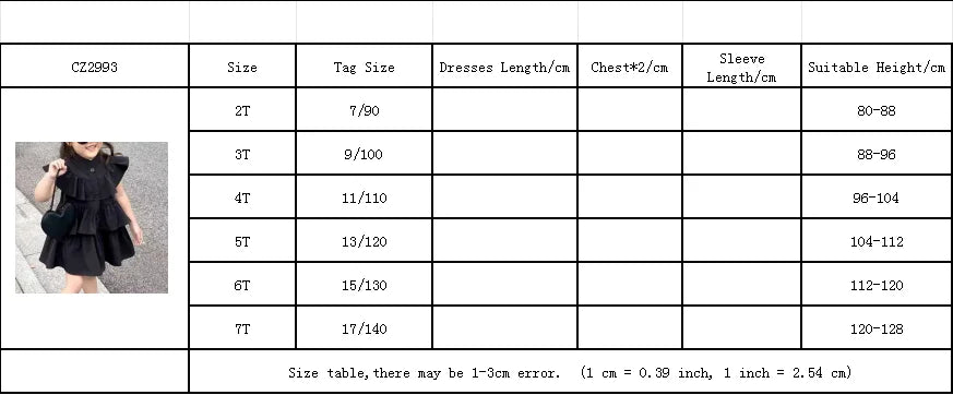 Size chart for Korean Kids Summer Black Fly Sleeve Layered Dress Girls Fashion Outfit Clothes by Yamza Tots' Closet