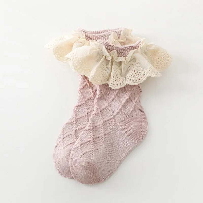 Korean Kids Soft Floral Princess Socks Baby Long Casual Toddler Socks in light pink with lace frill detailing